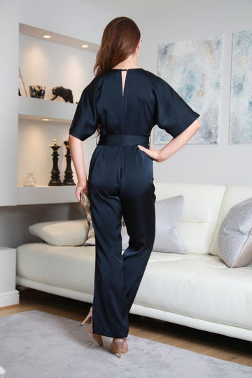 Navy Satin V-Neck Jumpsuit Double Second